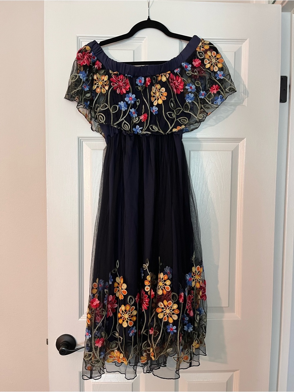 Navy Floral Embroidered Off-Shoulder Dress